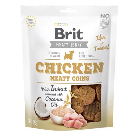 Recompense si Delicii pentru Caini - Brit Dog Adult Jerky Meaty Coins Pui cu Insecte