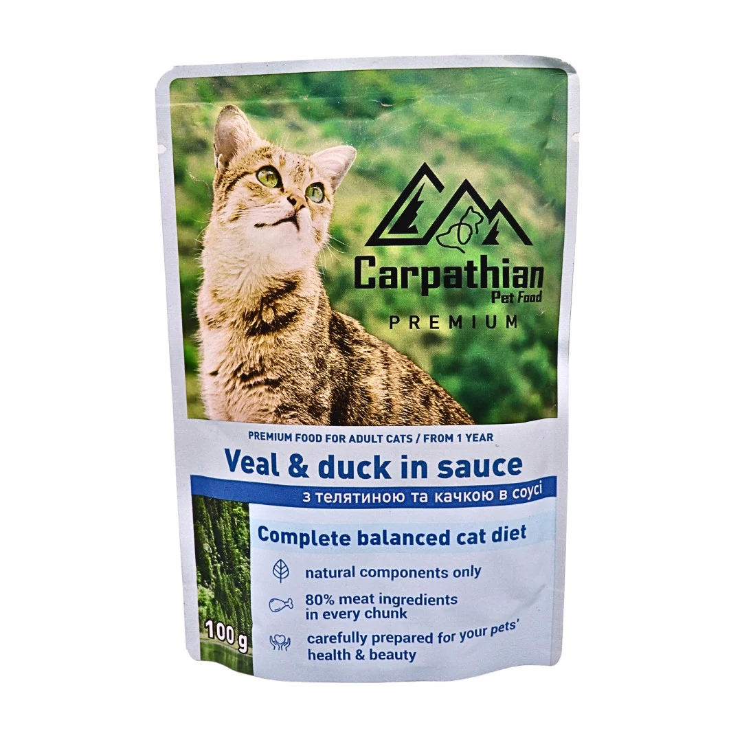 Carpathian Pet Food - Carpathian Cat Adult Plic Vitel si Rata in Sos 100 Gr