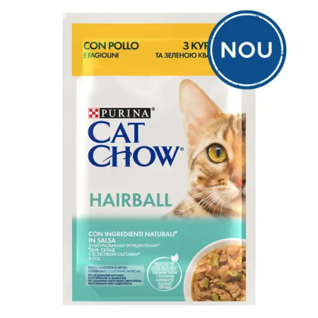 Pisici - Cat Chow Hairball Hrana Umeda cu Pui si Fasole Verde 85 Gr