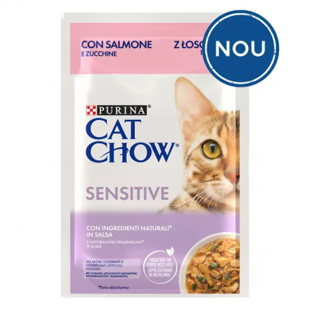 Pisici - Cat Chow Sensitive Hrana Umeda cu Somon si Dovlecei 85 Gr