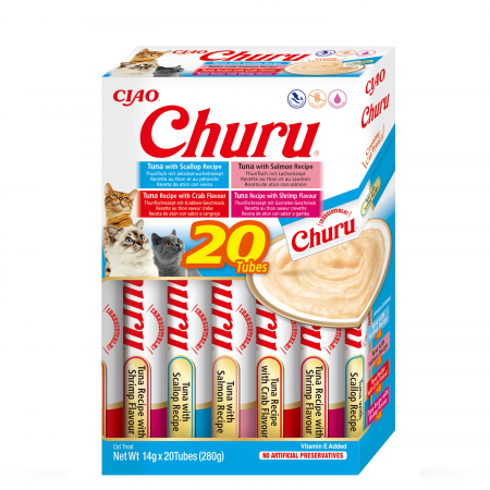 Recompense si Delicii pentru Pisici - Churu Cat Varieties Recompense Cremoase cu Ton si Fructe de Mare 20 Buc