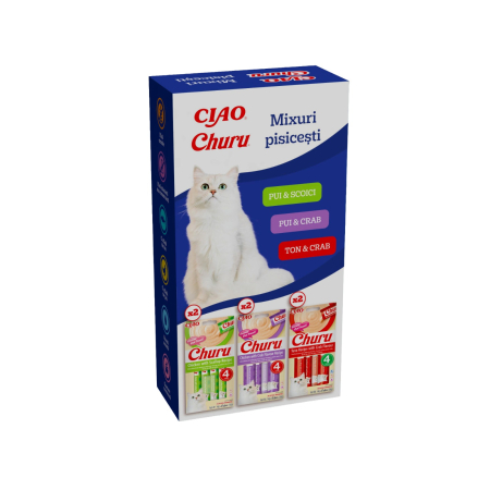 Recompense si Delicii pentru Pisici - Ciao Churu Mixuri Pisicesti cu Pui si Scoici, Pui si Crab, Ton si Crab 6 Buc