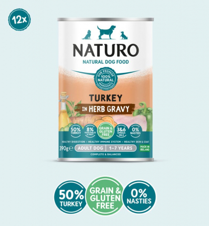 HRANĂ UMEDĂ - Conserva Naturo Adult cu Carne de Curcan, Fructe si Legume in Sos cu Ierburi Aromatice 390g