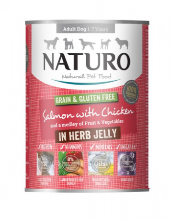 HRANĂ UMEDĂ - Conserva Naturo Adult cu Carne de Somon si Pui, amestec de Legume si Fructe in Jeleu cu Ierburi Aromatice 390g