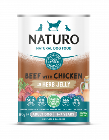 Naturo - Conserva Naturo Adult cu Carne de Vita si Pui, Amestec de Legume si Fructe in Jeleu cu Ierburi Aromatice 390g