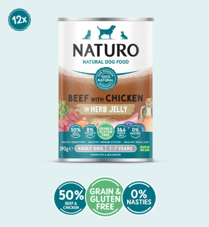 HRANĂ UMEDĂ - Conserva Naturo Adult cu Carne de Vita si Pui, Amestec de Legume si Fructe in Jeleu cu Ierburi Aromatice 390g