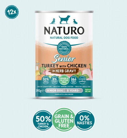 HRANĂ UMEDĂ - Conserva Naturo Senior cu Carne de Curcan si Pui, Amestec de Fructe si Legume in Sos cu Ierburi Aromatice 390g