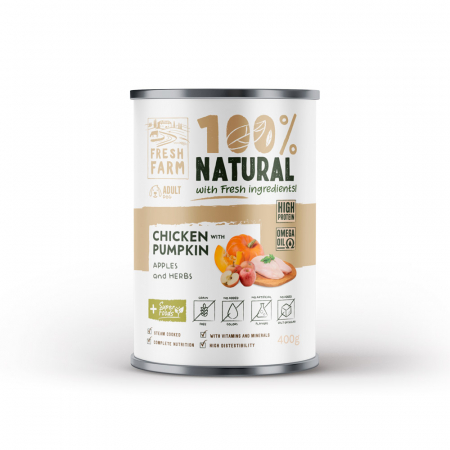 Caini - Fresh Farm Coarse Conserva Hrana Umeda Pate cu Pui, Dovleac, Mere si Ierburi 400 Gr
