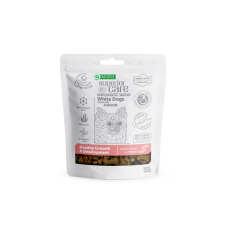 Recompense si Delicii pentru Caini - Nature's Protection Gustari Pentru Sustinerea Cresterii si Dezvoltarii Sanatoase cu Insecte pentru Junior Blana Alba 150 g