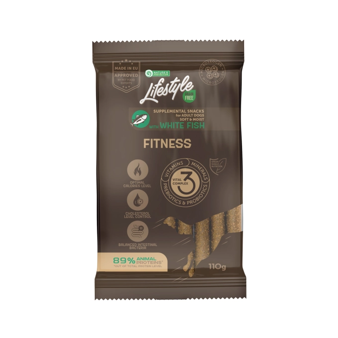 Recompense si Delicii pentru Caini - Natures Protection Lifestyle Snack Grain Free Fitness All Breed Dogs cu Peste Alb
