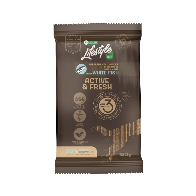 Natures Protection Lifestyle Snack Grain Free Active&Fresh pentru Catei Juniori cu Peste Alb