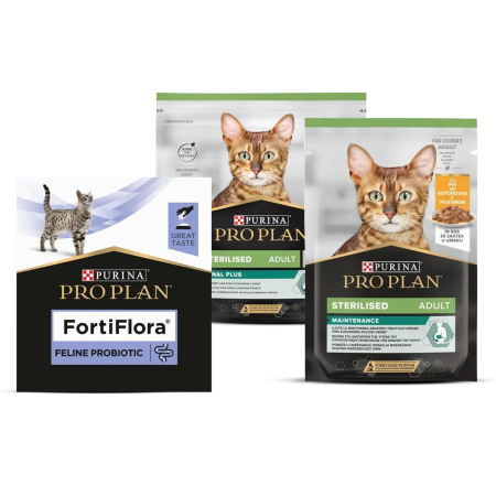 Pro Plan - Pachet Pro Plan Kit Sterilizare Hrana uscata 400 Gr + 1 Plic Hrana umeda + 1 buc Fortiflora Pisici