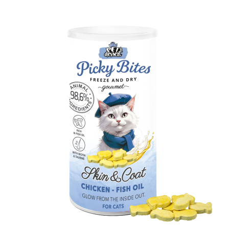 Recompense si Delicii pentru Pisici - Pet’s Dessert Recompense Picky Bites Skin and Coat cu Pui si Ulei de Peste