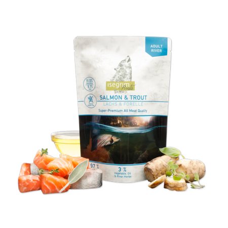 Isegrim - Pouch Isegrim Dog Adult River cu Somon, Pastrav si Pui 410 Gr