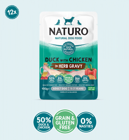 PENTRU CÂINI - Pouch Naturo Dog Adult Grain&Gluten Free cu Rata si Pui 100 Gr