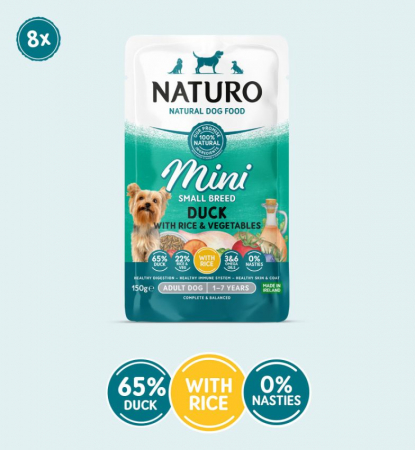 HRANĂ UMEDĂ - Pouch Naturo Dog Adult Mini cu Carne de Rata si Orez 150 Gr