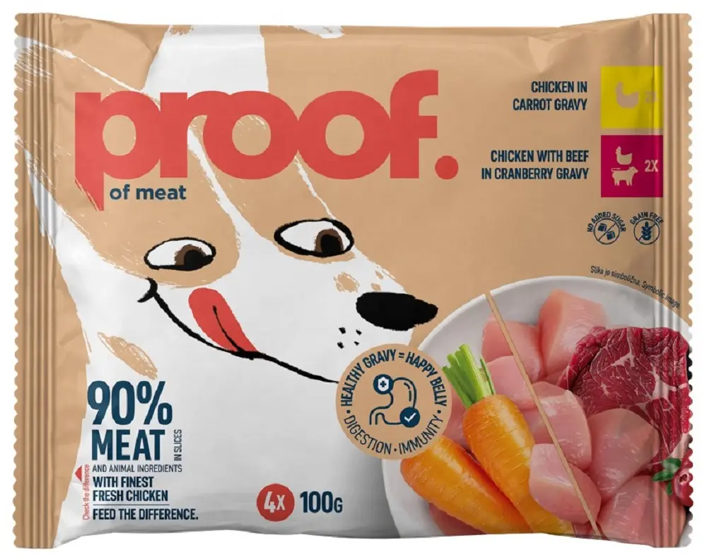 Proof - Proof Multipack Hrana Umeda pentru Caini cu Pui si Pui/Vita in Sos 4x100 Gr
