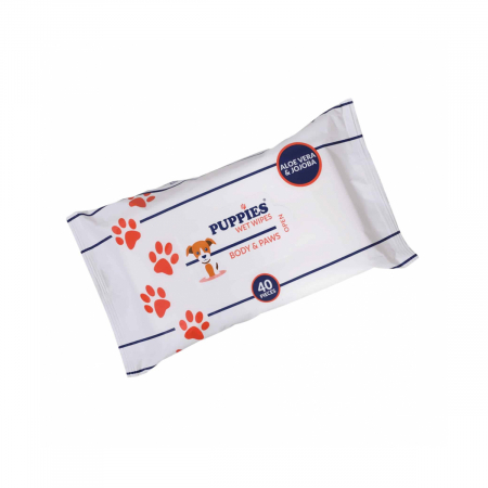Igiena Blana si Piele - Puppies Servetele Umede cu Aloe Vera si Jojoba pentru Corp si Labute 40 buc/pach