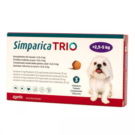 Farmacie Caini - Simparica Trio Antiparazitar pentru Caini 3 Comprimate XS (2.6-5 Kg)