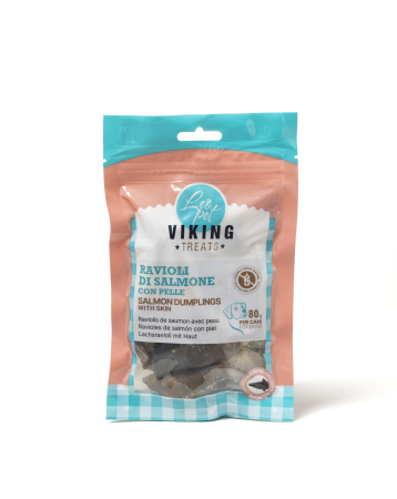 Recompense si Delicii pentru Caini - Viking Recompense Ravioli de Somon cu Piele 80 Gr