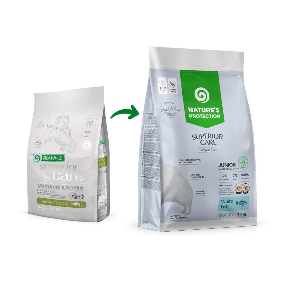Superior Care White Dogs Grain Free SmallMini Breeds Junior cu Peste Alb 4771317458292, 1.5 Kg