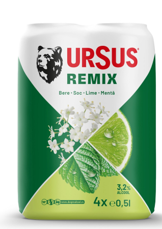 Bere cu suc si radler - Bere Ursus Remix Fructe Soc si Menta 3,2%, doza 0.5L