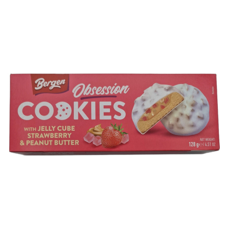 Dulciuri - Biscuiti Bergen Obsession Cookies cu jeleu de capsuni si unt de arahide 128g, cutie