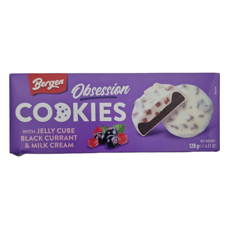 Dulciuri - Biscuiti Bergen Obsession Cookies cu jeleu de coacaze negre si crema de lapte 128g, cutie