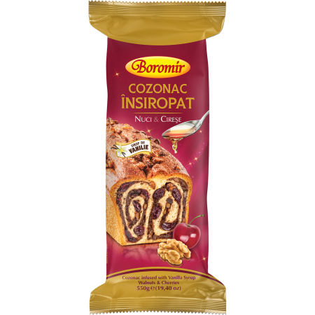Cadouri de sezon - Cozonac Boromir insiropat cu cirese si nuci 550g