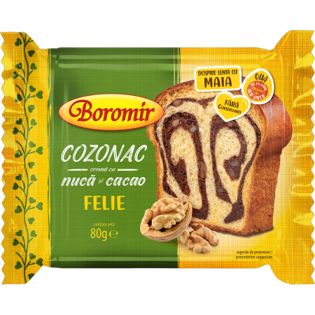Dulciuri - Felie de cozonac Boromir cu nuca si cacao 80g