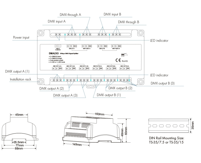 Amplificator de semnal DMX512 - 12-48 VDC - 1 canal la 6 canale - Splitter DMX - DMA2X3 [2]