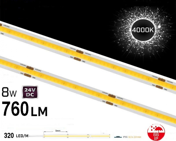 Banda Led Cob 320led M• 24v • 8w • 4000k • Ip66 • 760lm • Cri90 • 8mm