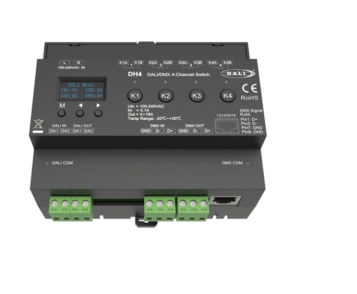 Intrerupător de iluminat 230VAC (DALI/DMX512) - 4 canale 3680W - DIN OLED - DH4 [1]