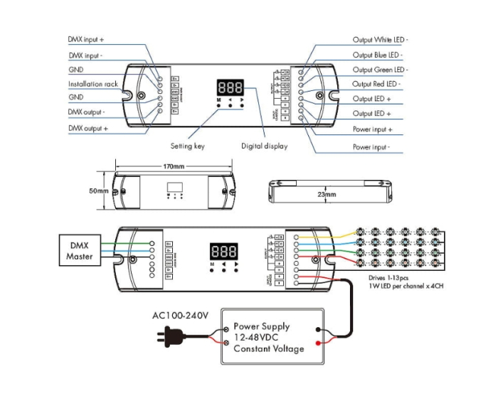 Receptor de curent LED DMX512 - 4 canale - 12-48V DC 4x 350-1200mA 3-45V - Decodor DMX - D4C-L (350-1200MA) [2]