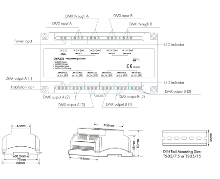 Amplificator de semnal DMX512 - 12-48 VDC - 1 canal la 6 canale - Splitter DMX - DMA2X3 [1]