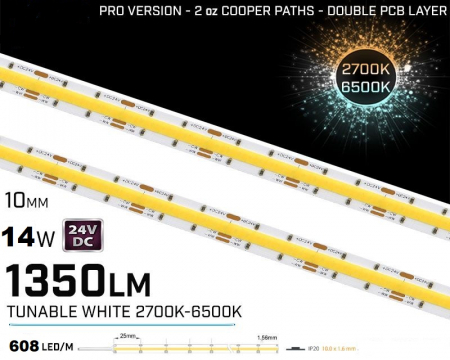 Banda Led COB - Banda LED COB • 24V • 14W • 2700-6500K • IP20 • 1350lm • Ra90 • 10mm