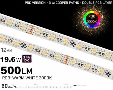 Banda LED RGB - Banda LED RGB + 3000K • 60LED• 24V • 19.6W  • IP20 • 500lm • 12mm • Versiunea PRO 3oz