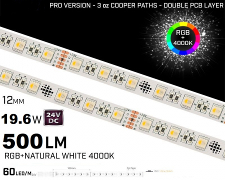Banda LED - Banda LED RGB + 4000K • 60LED• 24V • 19.6W  • IP20 • 500lm • 12mm • Versiunea PRO 3oz