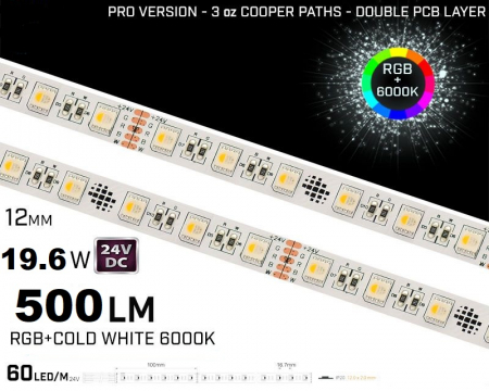 Banda LED RGB - Banda LED RGB + 6000K • 60LED• 24V • 19.6W • IP20 • 500lm • 12mm • Versiunea PRO 3oz