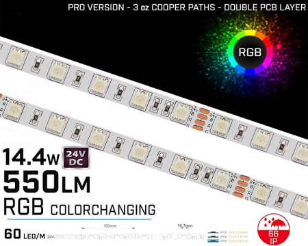 Banda LED - Banda LED RGB • 60LED / m • 24 • 14.4W • IP66 • 10.3mm • Versiunea PRO 3oz