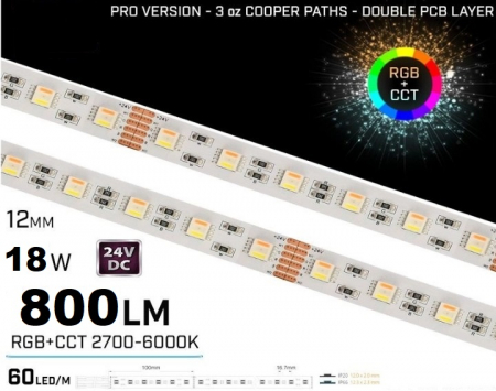 Banda LED - Banda LED RGBCCT • 60LED• 24V • 18W  • IP20 • 800 lm • 12mm • Versiunea PRO 3oz