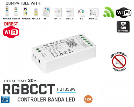 Controler Banda LED - Controler RGB + CCT 12V-24VDC 12A WiFi FUT039W