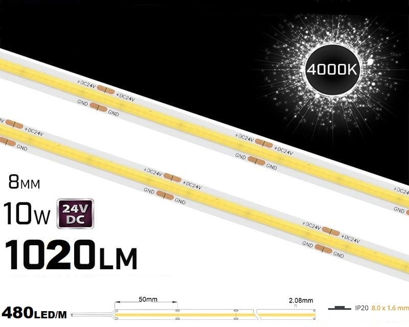 Banda Led Cob 480led M• 24v • 10w • 4000k • Ip20 • 1020lm • Cri90 • 8mm