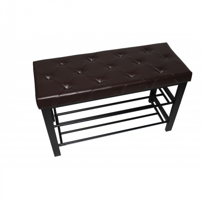 Bancheta tapitata cu suport pentru incaltaminte, 2 rafturi, cadru din metal, 81 x 32 x 49 cm, Maro [4]
