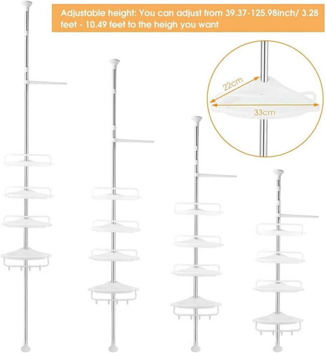 Etajera/organizator pentru baie, 4 polite, montare colt, inaltime reglabila 1-2.60 m [3]