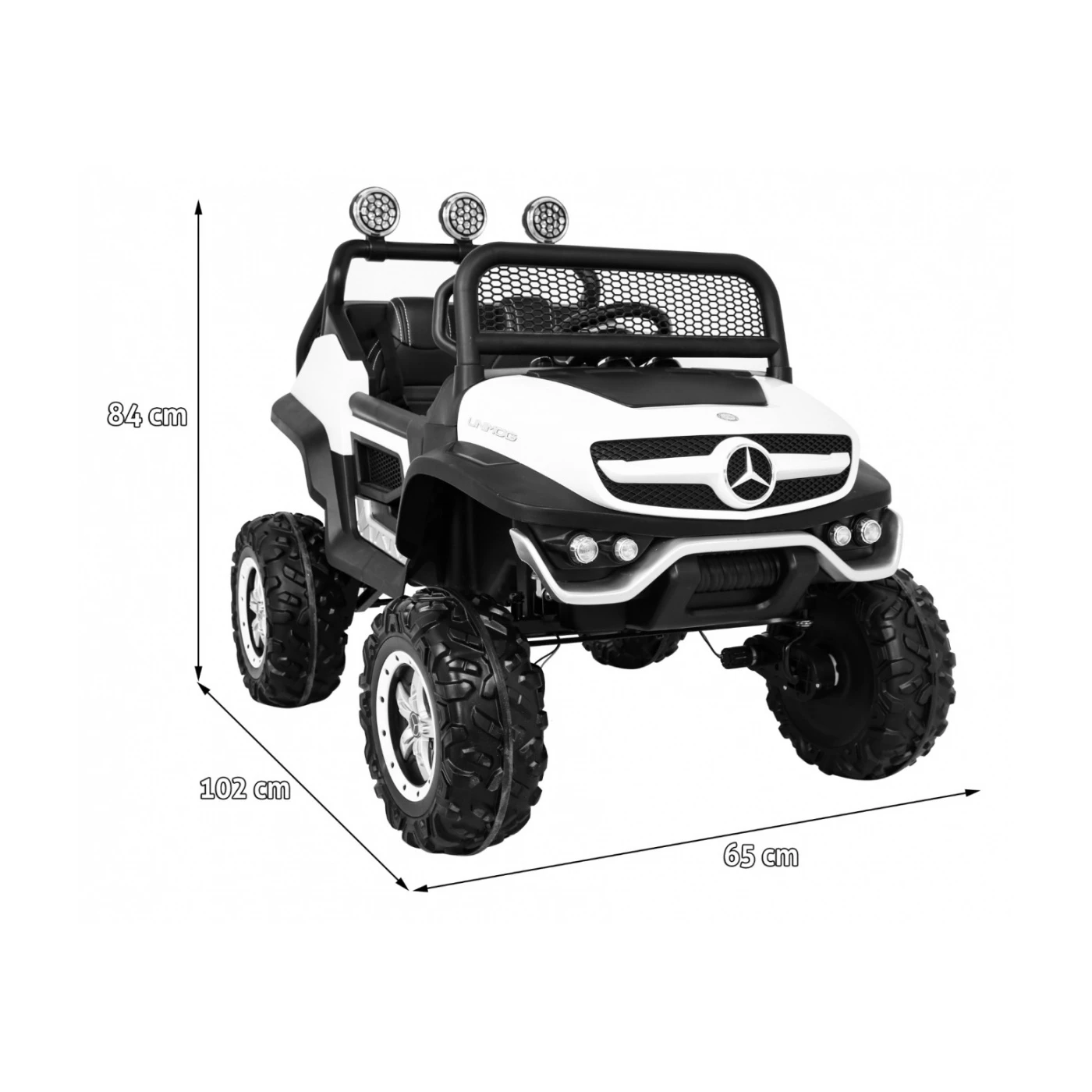 Mercedes BENZ UNIMOG 4 X 4, Motor 4x35w baterie 12v/10a, roti eva, scaun piele, telecomanda, slow start/stop, lumini si muzica, Alb [2]