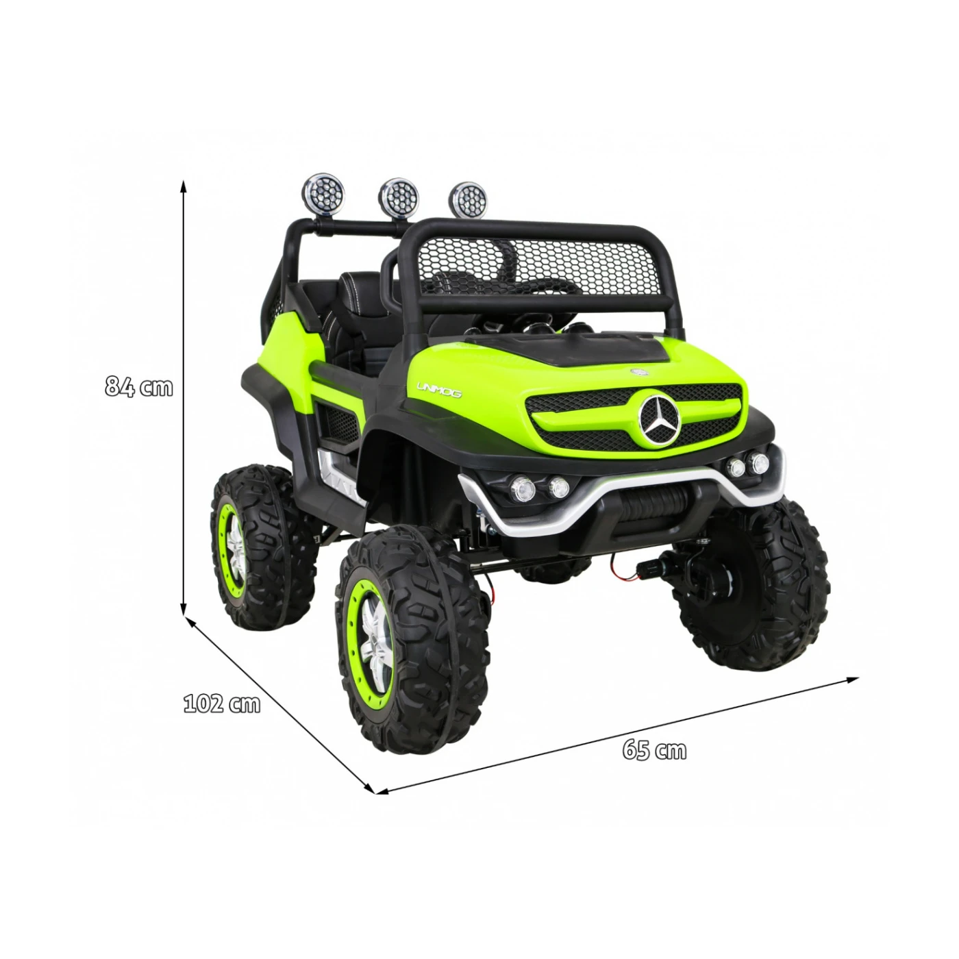 Mercedes BENZ UNIMOG 4 X 4, Motor 4x35w baterie 12v/10a, roti eva, scaun piele, telecomanda, slow start/stop, lumini si muzica, Verde [2]