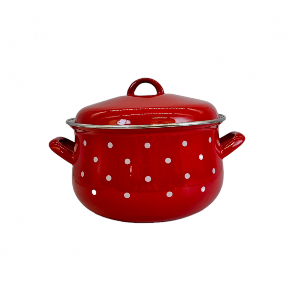Oala emailata, cu capac, 5 L, Rosie cu buline albe [2]