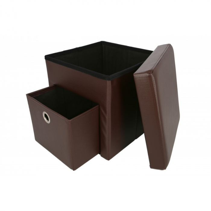 Taburet pliabil cu spatiu de depozitare si sertar, 38 x 38 x 38 cm, Grunberg, maro [2]