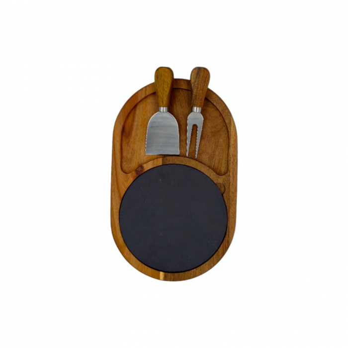 Tocator oval din salcam, cu placa de servire ardezie si 2 cutite pentru branzeturi, Set 4 piese [2]
